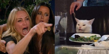 on the left, a screen capture of "Malibu Beach Party From Hell", an episode from The Real Housewives of Beverly Hills, depicting cast member Taylor Armstrong crying and pointing (held back by Kyle Richards); and a picture uploaded to Tumblr in June 2018, depicting a cat from Ottawa, Ontario, Smudge, sitting at a dinner table behind a salad with a seemingly vicious or confused expression.
