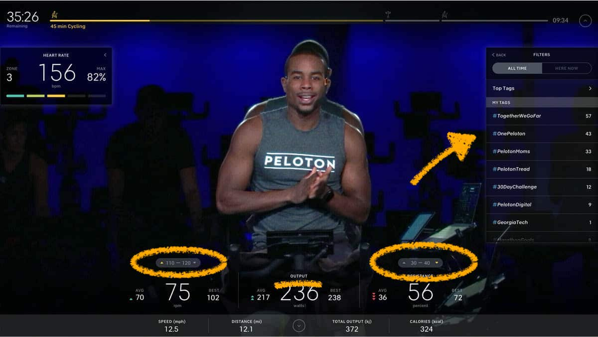 Same screenshot of Peloton cycling class with elements of gamification highlighted