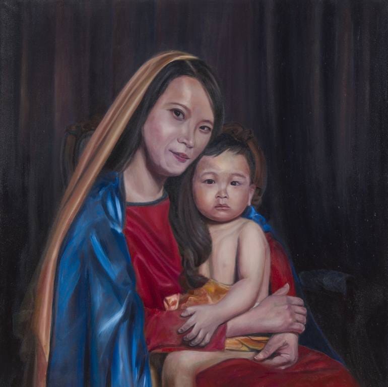 21 century madonna and child -The power of embrace Painting by Yi-Chiao  Chen | Saatchi Art