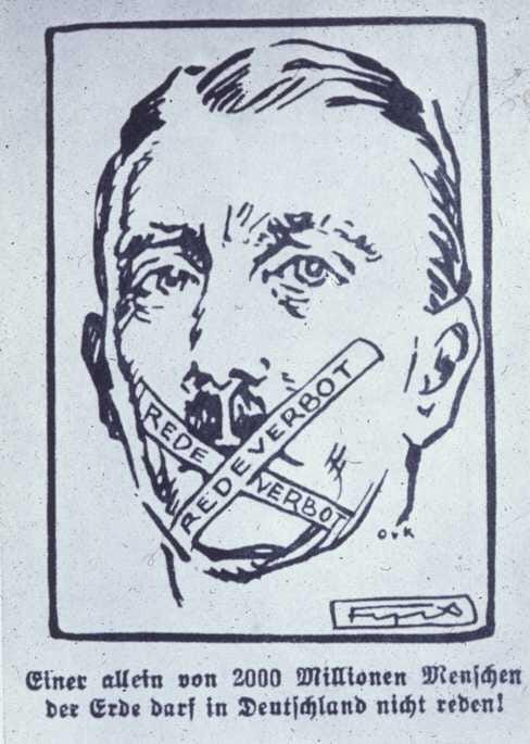 Earthling on Twitter: "Here's a 1928 poster that claimed Hitler was being  censored. The words taped on his mouth are: "Redeverbot" or "Ban on  Speaking." And below: "He alone of two billion