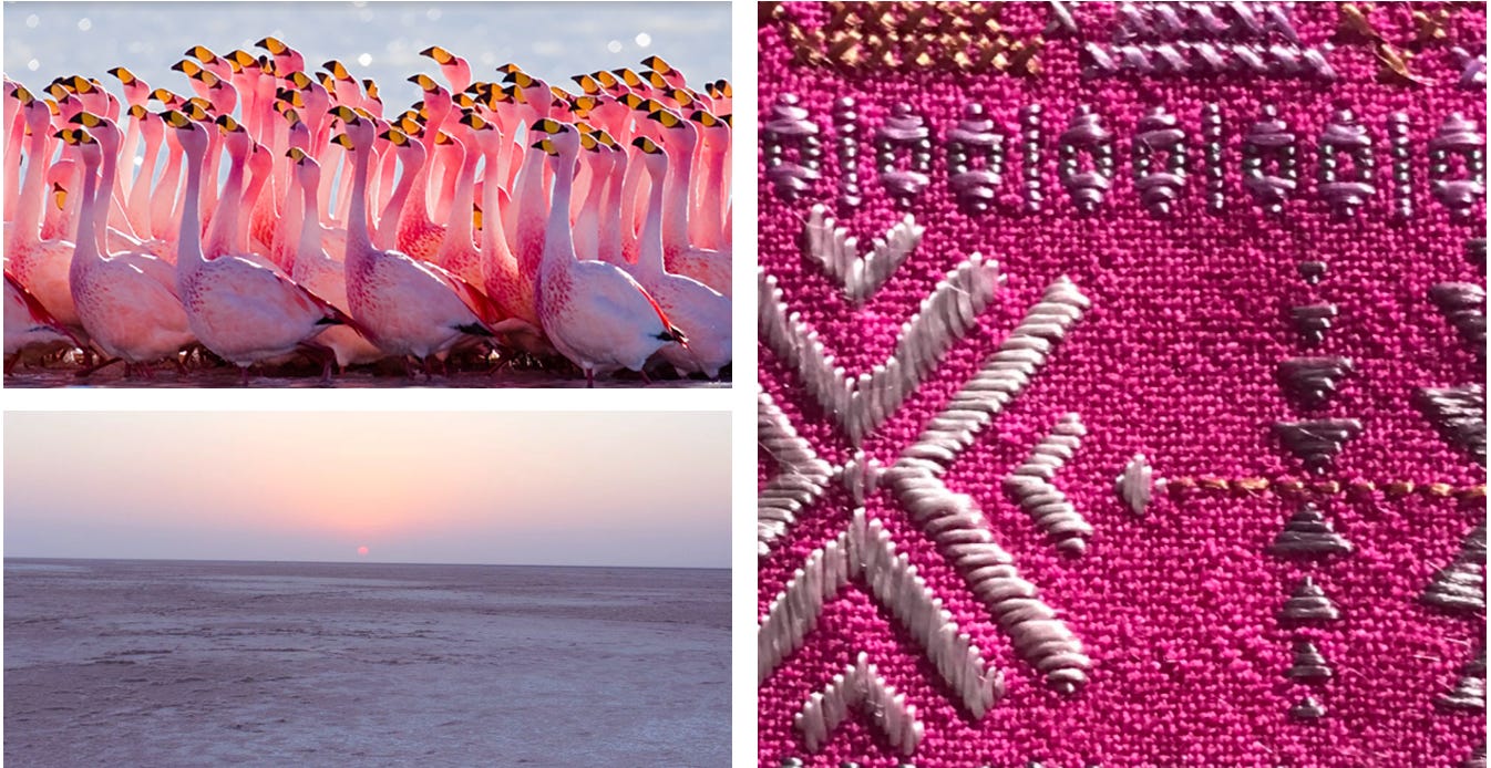One is a picture of pink flamingos. The next is a picture of a pink sun setting over the salt field. The third photo is piece of hot pink woven textile with hand-embroidery in geometric pattens in solver and gold.