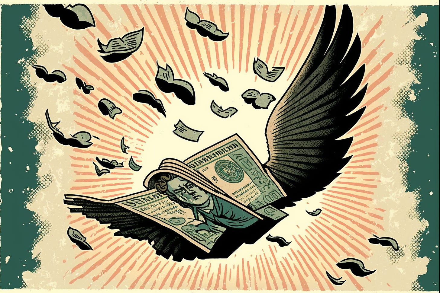 dollar bills with wings flying through the air, graphic novel