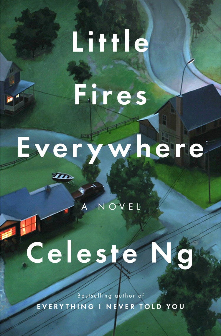 cover of little fires everywhere by celestial ng -- painting has a street and houses and it's kind of dark and scary
