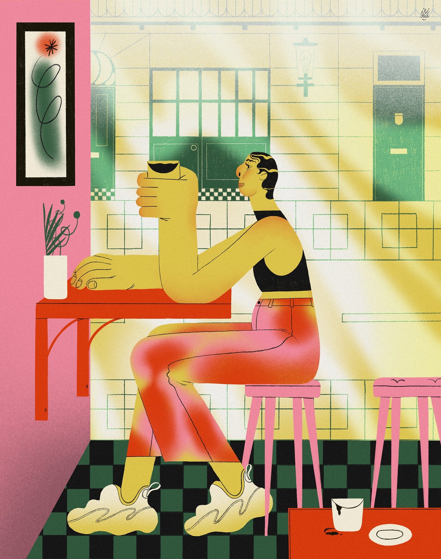 A figure, in profile, sits inside a cafe at a red table on a pink stool and lifts a coffee cup. They have exaggerated limbs and hands. The floor is chequered and the background is a flattened, angular view of the street outside as if seen through a floor-to-ceiling window.