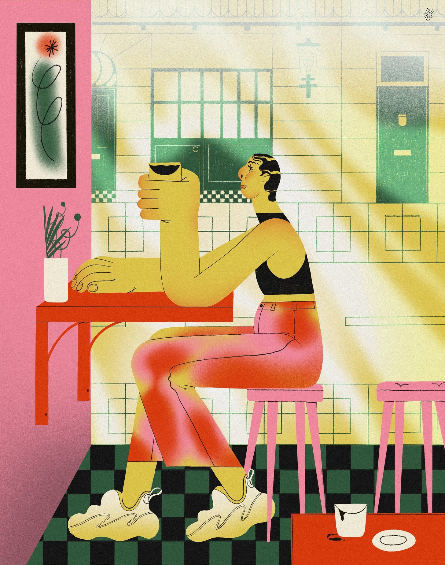 A figure, in profile, sits inside a cafe at a red table on a pink stool and lifts a coffee cup. They have exaggerated limbs and hands. The floor is chequered and the background is a flattened, angular view of the street outside as if seen through a floor-to-ceiling window. A figure, in profile, sits inside a cafe at a red table on a pink stool and lifts a coffee cup. They have exaggerated limbs and hands. The floor is chequered and the background is a flattened, angular view of the street outside as if seen through a floor-to-ceiling window.