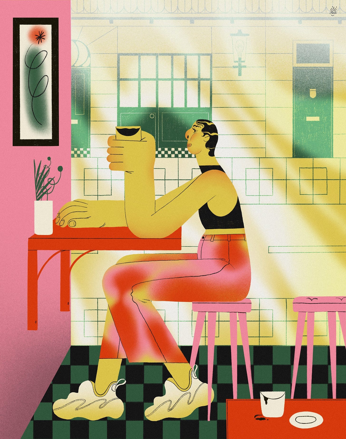 A figure, in profile, sits inside a cafe at a red table on a pink stool and lifts a coffee cup. They have exaggerated limbs and hands. The floor is chequered and the background is a flattened, angular view of the street outside as if seen through a floor-to-ceiling window.