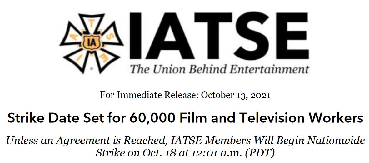 October 13, 2021 strike date for 60,000 film and TV workers