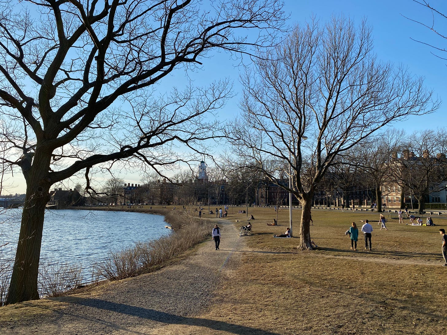 On the left side is a river, and on the right side is a grassy field with some buildings in the distance. This is the Charles River in Boston.