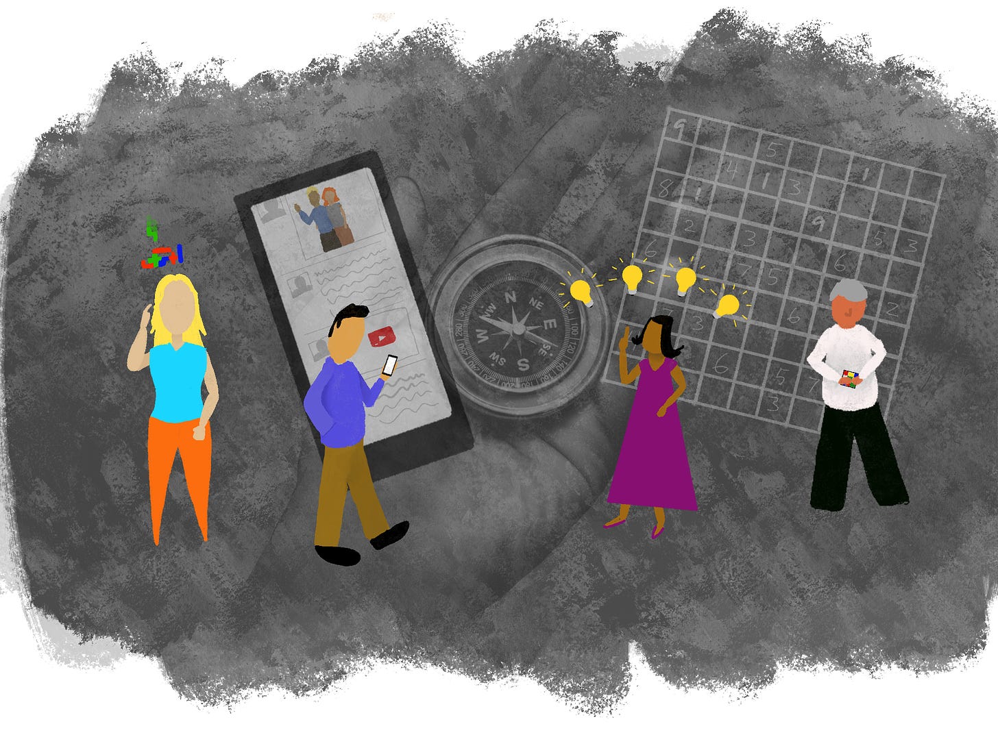 A drawing of several people being distracted by various things: Tetris game, social media on a smartphone, lots of idea light bulbs appearing, and a Rubik's cube
