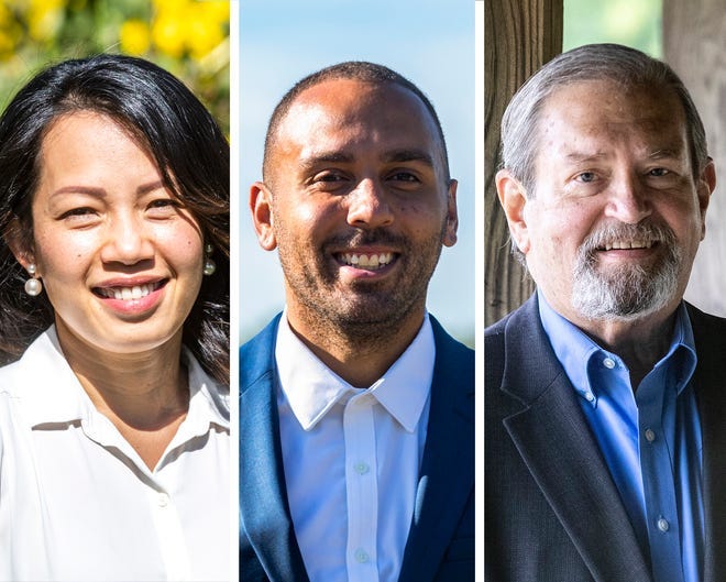 Coralville council candidates, from left, Hai Huynh, Nick Burrell and Barry Bedford.