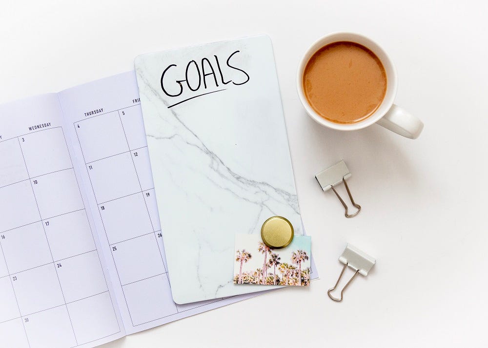 Goals on notebook with cup of tea