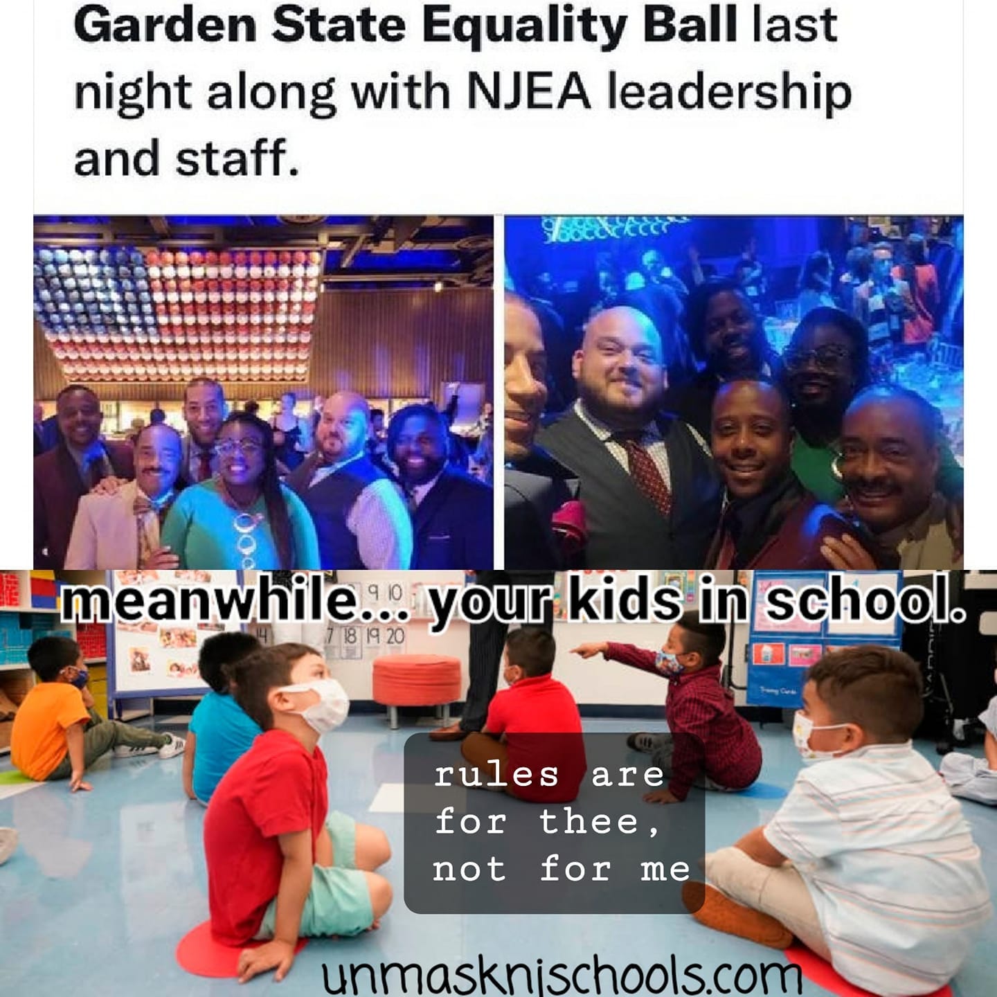 May be an image of 5 people, people standing and text that says 'Garden State Equality Ball last night along with NJEA leadership and staff. 山 meanwhile.. in school. 181920 yourkids your rules are for thee, not for me unmasknischools.com'