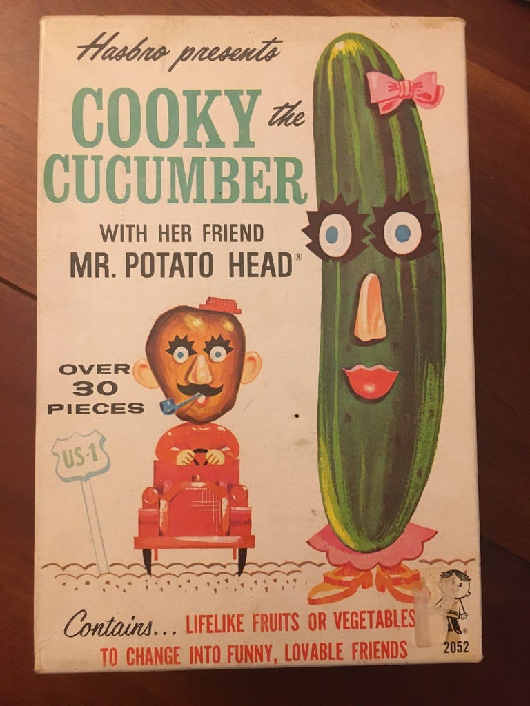 Cooky the cucumber and Mr. Potato Head