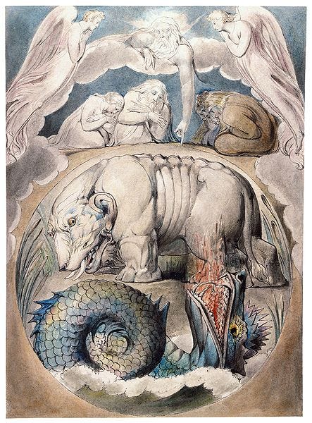 	Behemoth and Leviathan, from the Butts set. Pen and black ink, gray wash, and watercolour, over traces of graphite