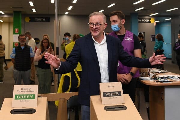 Anthony Albanese after casting his vote in Sydney on Saturday.