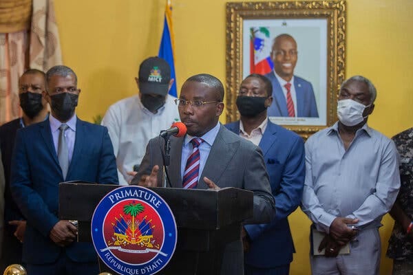 Claude Joseph speaking in Port-au-Prince on Thursday. The interim prime minister has taken command of the government and security services following the assassination of President Jovenel Moïse.