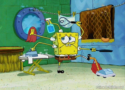 gif of spongebob vacuuming, ironing, cleaning and cooking all at once