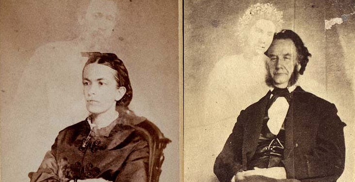 Fanny Conant avec le fantôme de son frère, Moïse A. Dow avec le fantôme de son assistant, photographies de William H. Mumler