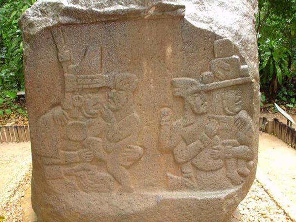 Children and Olmec priests. Bas-relief on the left side of Altar 5 from La Venta.
