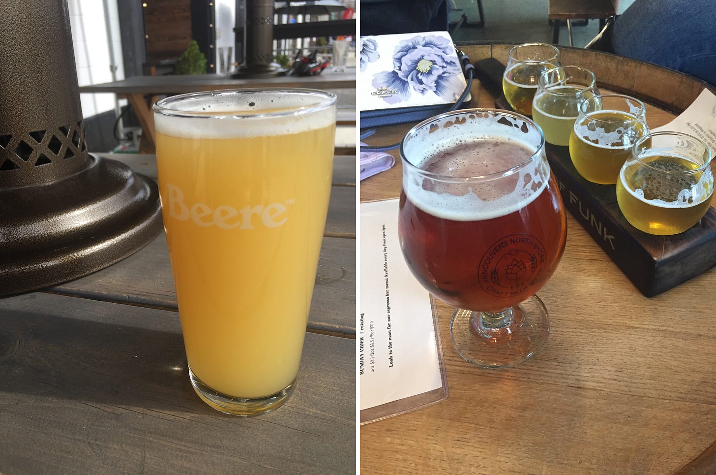left image: a tall glass of hazy IPA on a patio table, casting a shadow to the left. Right image: on top of a barrel, a glass of amber-coloured beer next to a flight of four lighter coloured beers. 