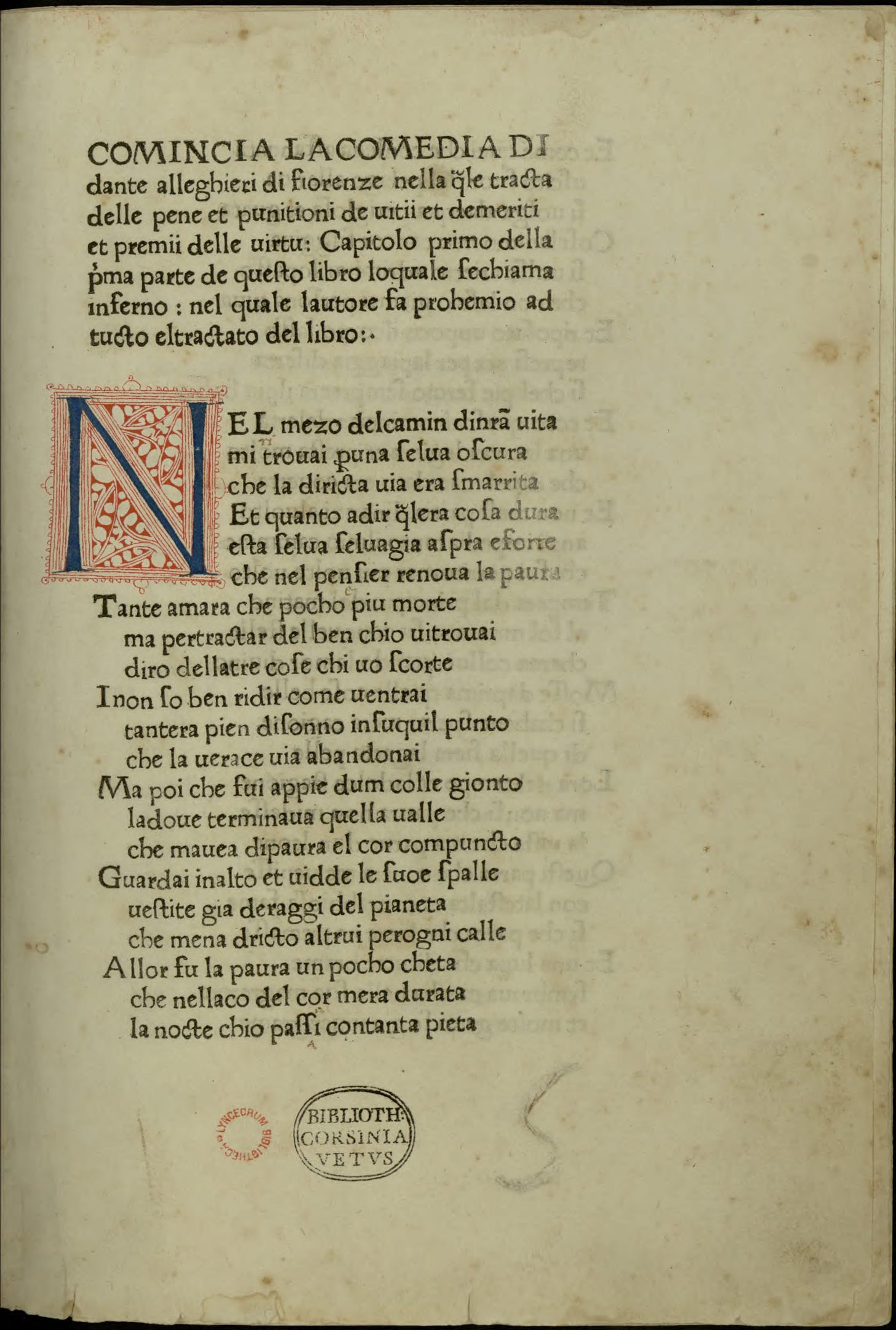 Primeira página da Comédia de Dante impressa em Foligno por Neumeister, em 1472.