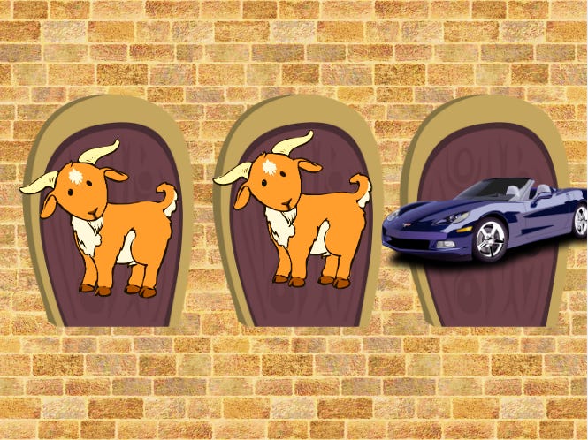 Three cartoon doors with two goats and a race car hiding behind them