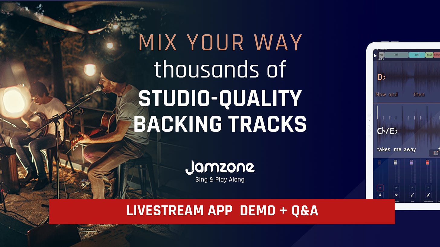 May be an image of 2 people and text that says 'MIX YOUR WAY thousands of STUDIO-QUALITY BACKING TRACKS Db cb/Eb Jamzone Sing Play Along akes me away LIVESTREAM APP DEMO Q&A'