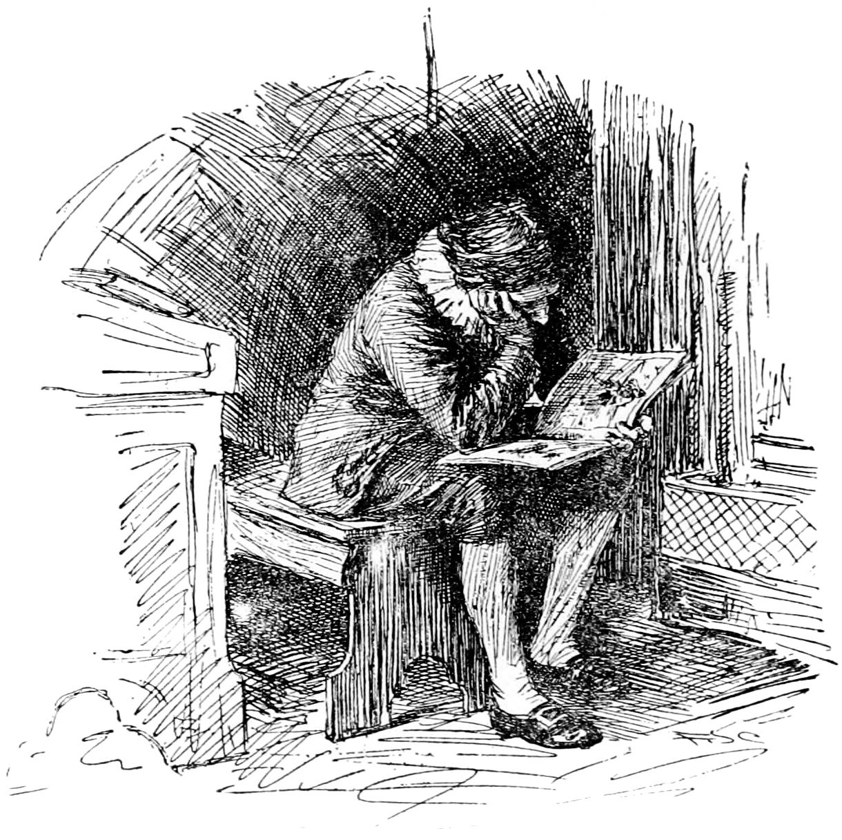 Child Scrooge reading alone in an empty schoolhouse