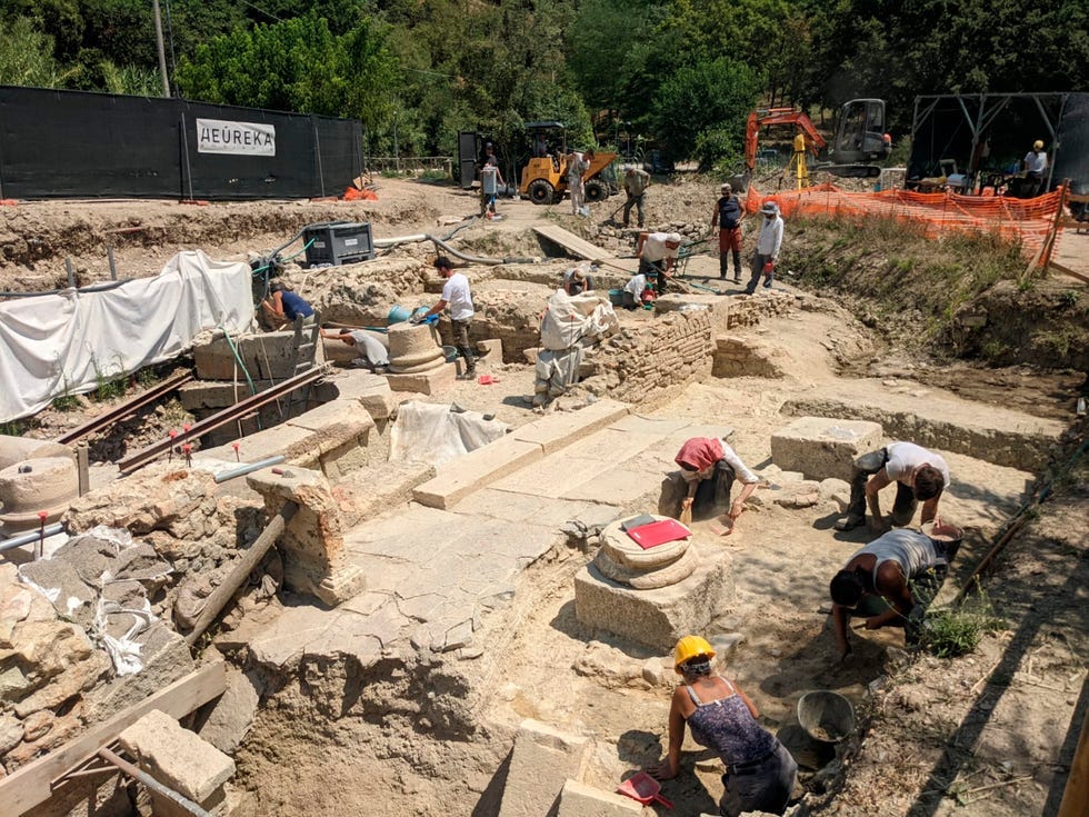 Archaeologists work at the site of the discovery of two dozen well-preserved bronze statues from an ancient Tuscan thermal spring in San Casciano dei Bagni, central Italy, in this undated photo made available by the Italian Culture Ministry, Friday, July 29, 2022. (Italian Culture Ministry via AP)