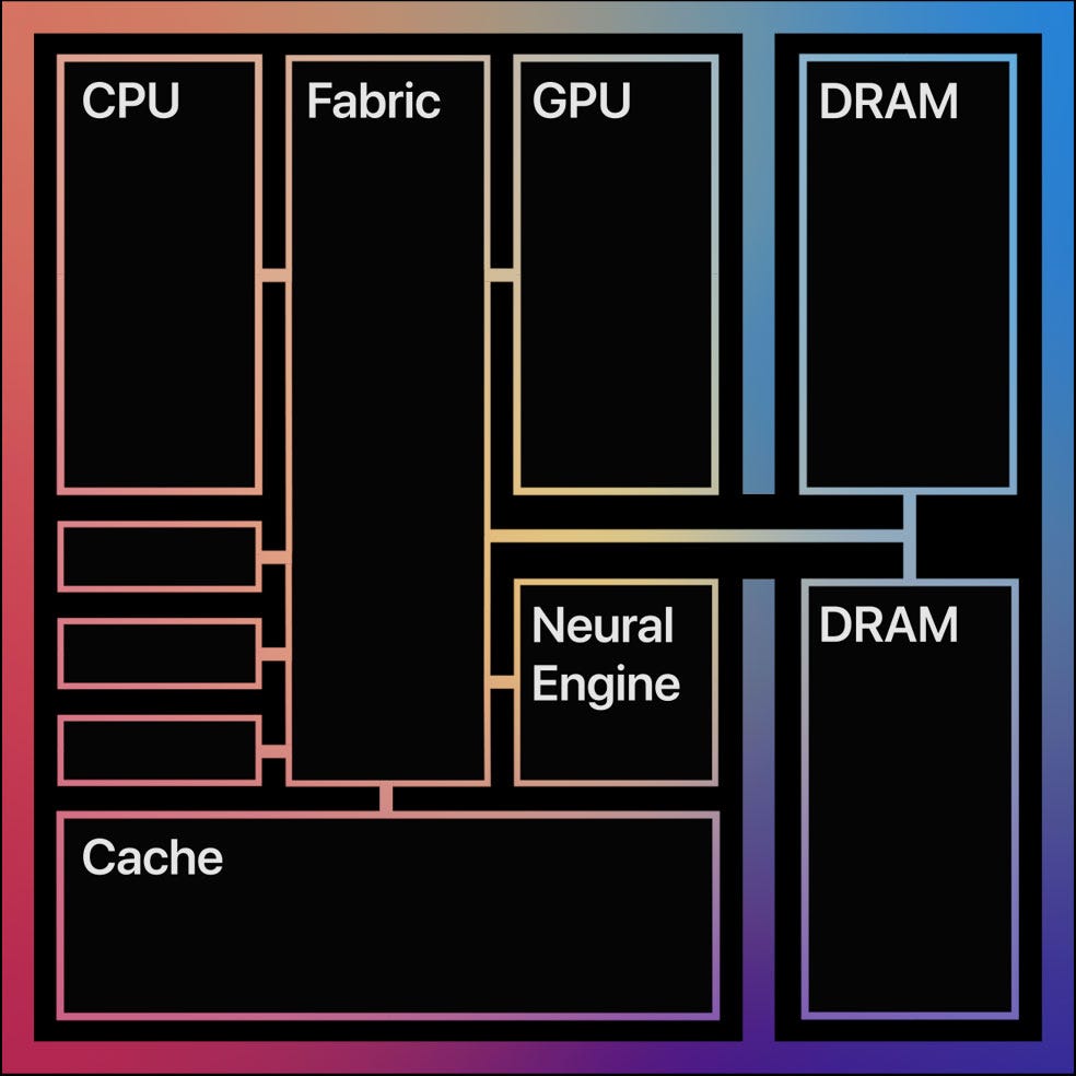 Diagram showing the CPU, Fabric, GPU, Neural Engine, Cache, and two DRAM on the M1 chip