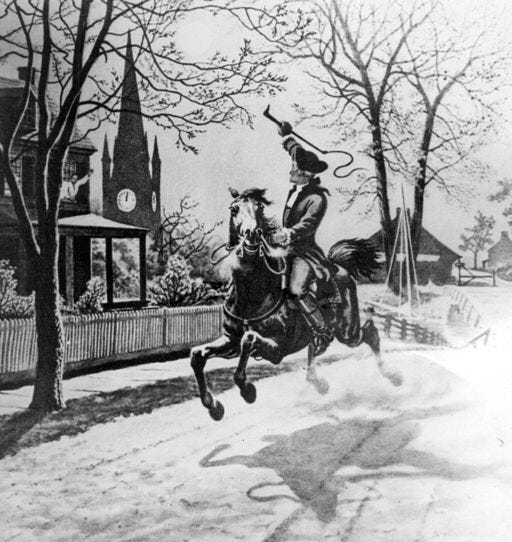 Sketch of Paul Revere's ride.  His horse is clearly in a hurry, galloping past a few buildings as Revere waves his riding whip in the air.