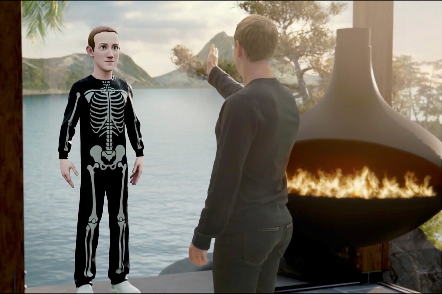 Facebook CEO Mark Zuckerberg speaks to an avatar of himself in the 'Metaverse' during Thursday's Facebook Connect showcase