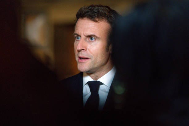 French President Emmanuel Macron holds an outdoor press conference as part of the meeting of UE Ministers of Home Affairs on February 02, 2022 in...
