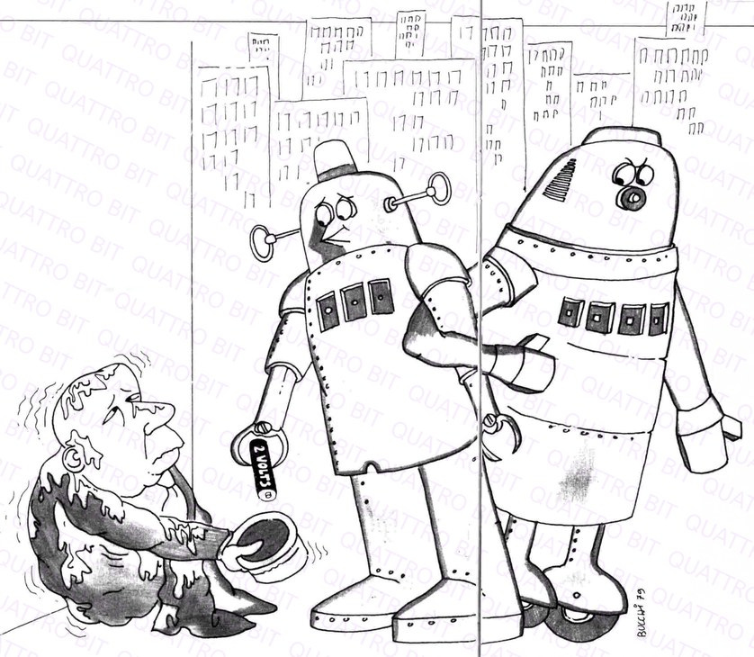 Vignetta satirica in due robot "fanno la carità" a un povero essere umano, regalandogli una pila da 2 volt