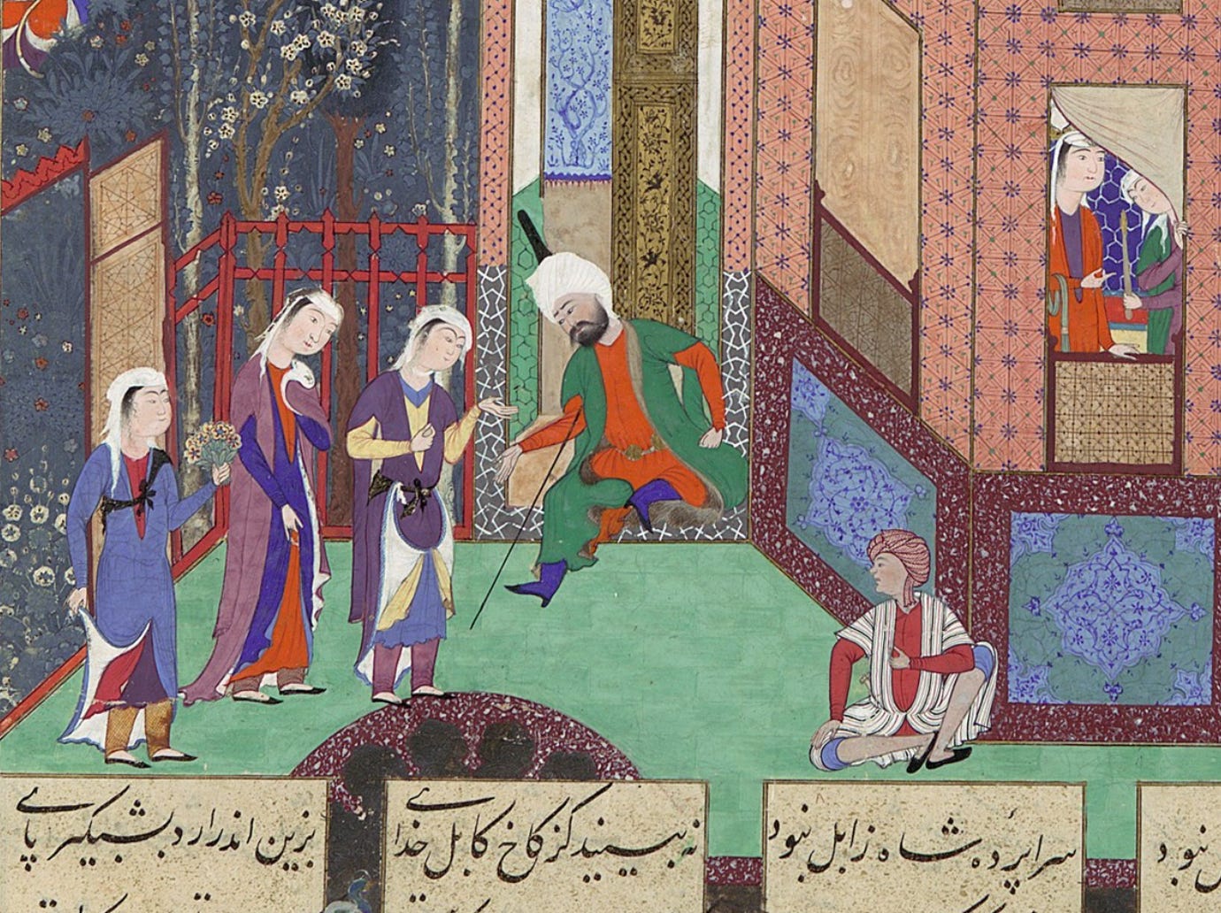Three women come to greet a man, someone sits on the outside, and inside there are other women. Courtyard of a palace scene.
