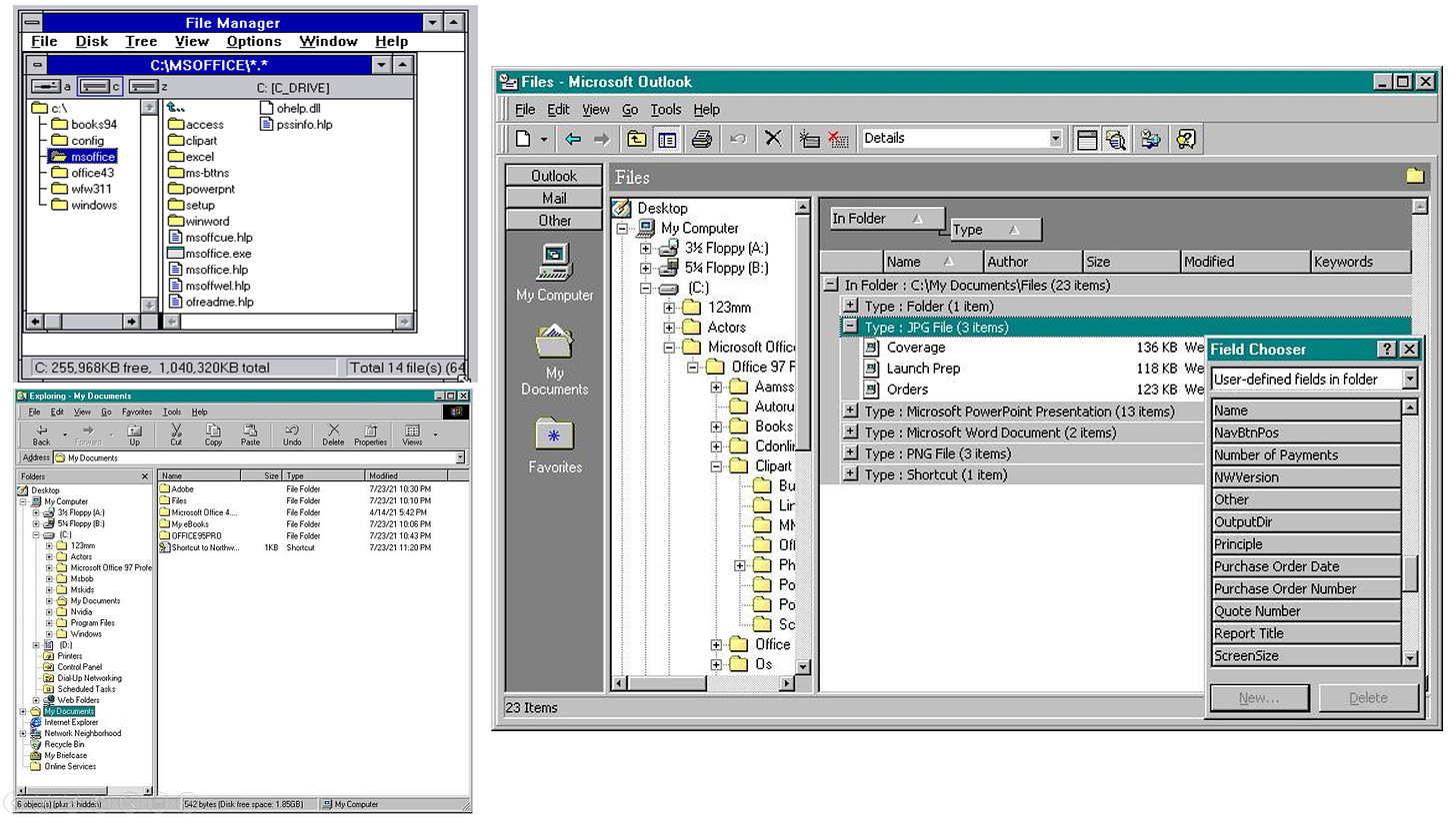 Three Windows screenshots. Windows 3.1 file manager, Windows 95 Explorer, and Outlook viewing files.