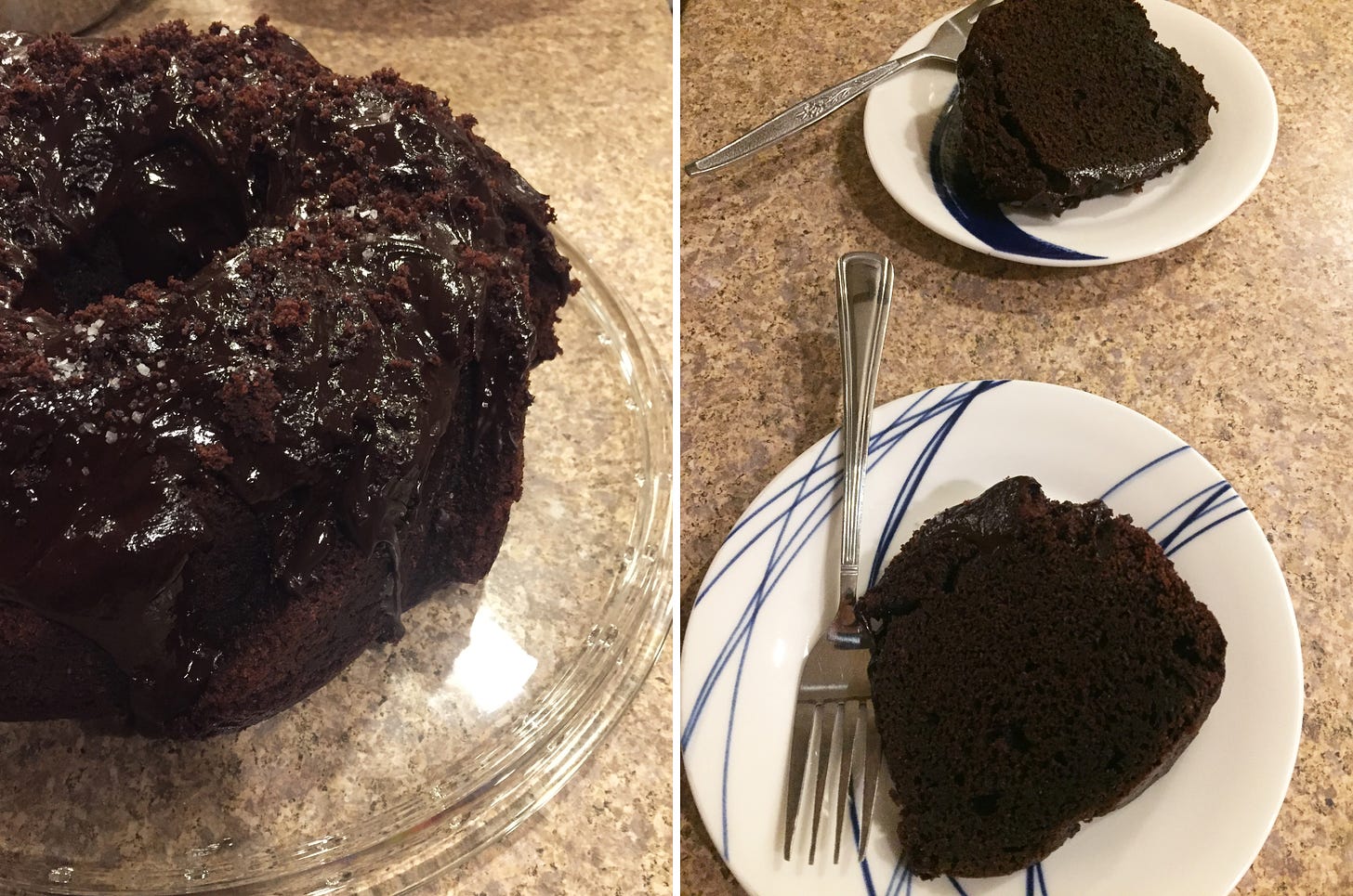 Left image: a chocolate bundt cake covered in ganache with cake crumbles and flakes of salt on top. Left image: two slices of the cake on small white and blue plates.