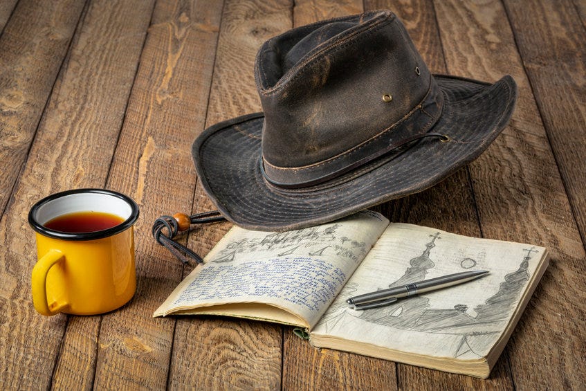 An adventurer about to set out on an exploration with his old hat and a journal.