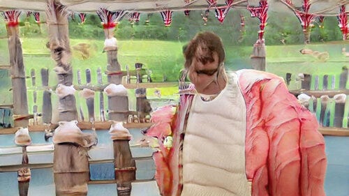 Another view of the bakeoff tent with rather nice bunting. There’s periodic fenceposts everywhere, apparently topped with meringues. The person is very large and has repetitive wrinkles like the segments of a grub. They’re wearing some kind of blazer but have too many arms. 