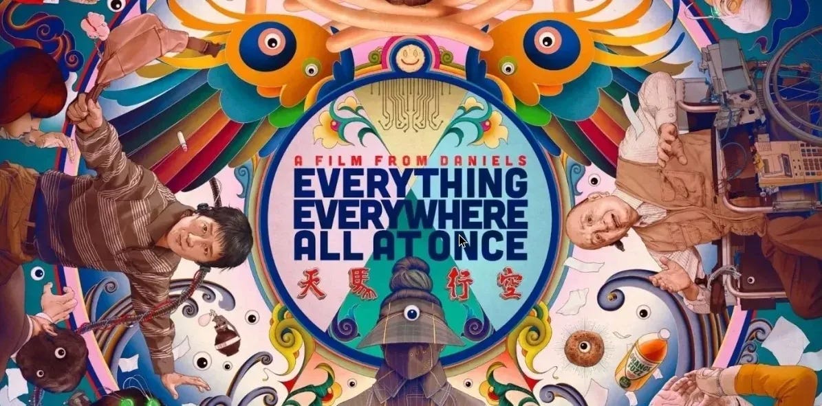 Stylized movie banner art for the A24 movie: "Everything, Everywhere, All At Once."