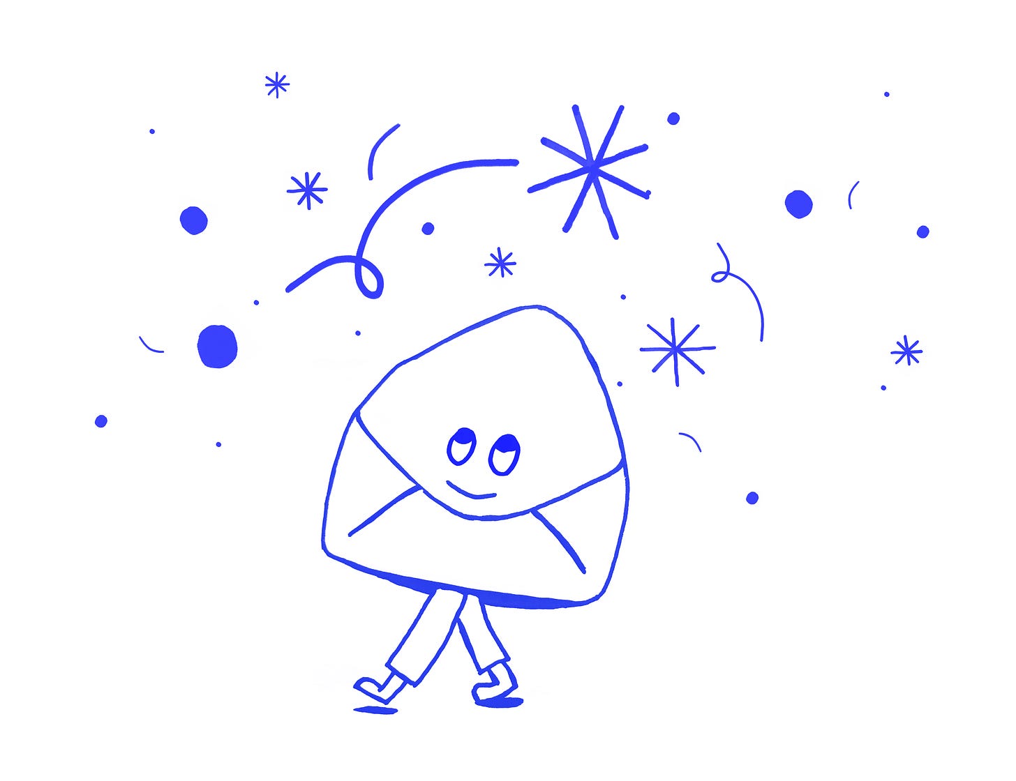 Illustration of the Pass It On mascot, an open letter walking on two legs, smiling. In the background are stars and snowflakes. 