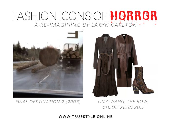 If the log from Final Destination 2 was a woman, she’d wear this semi-sheer brown wrap top, this crinkle textured brown maxi skirt with a belt, this leather trench coat by The Row with fur patch pockets, and these Victorian styled, floral and studded brown ankle boots.