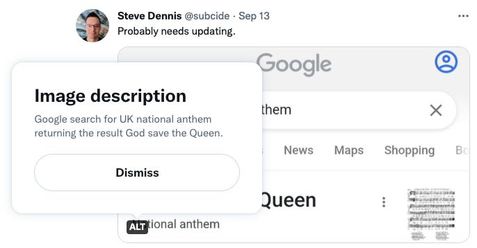 A tweet saying “Probably needs updating” with an attached image. The description reads: “Google search for UK national anthem returning the result God save the Queen.”