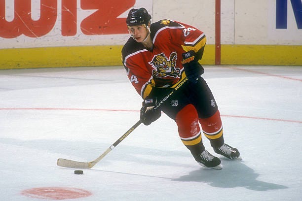Robert Svehla of the Florida Panthers skates with the puck during a hockey game against the Washington Capitals on November 3, 1995 at USAir Arena in...
