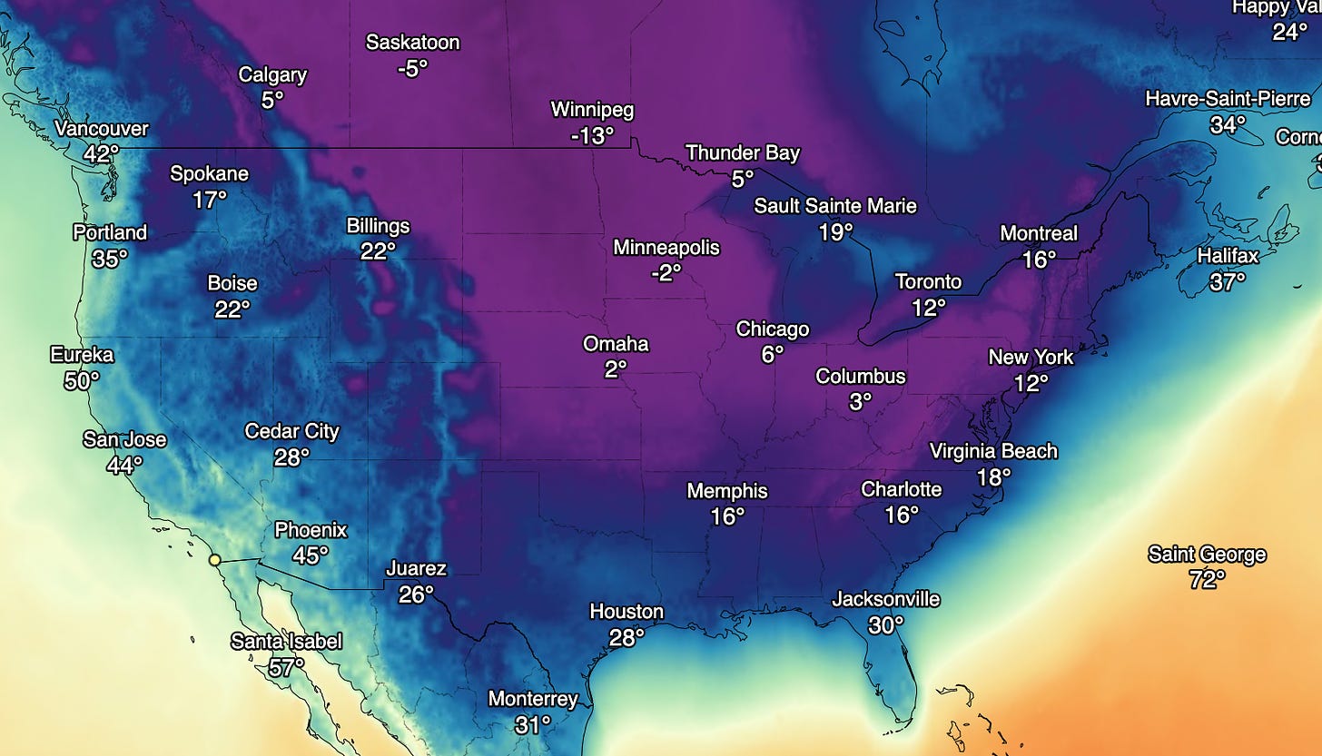Christmas Eve weather map, USA