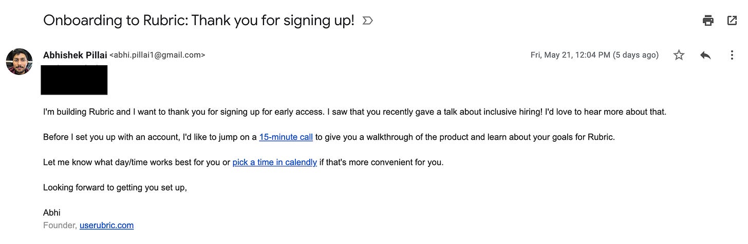 Screenshot of email I send to users who sign up on userubric.com