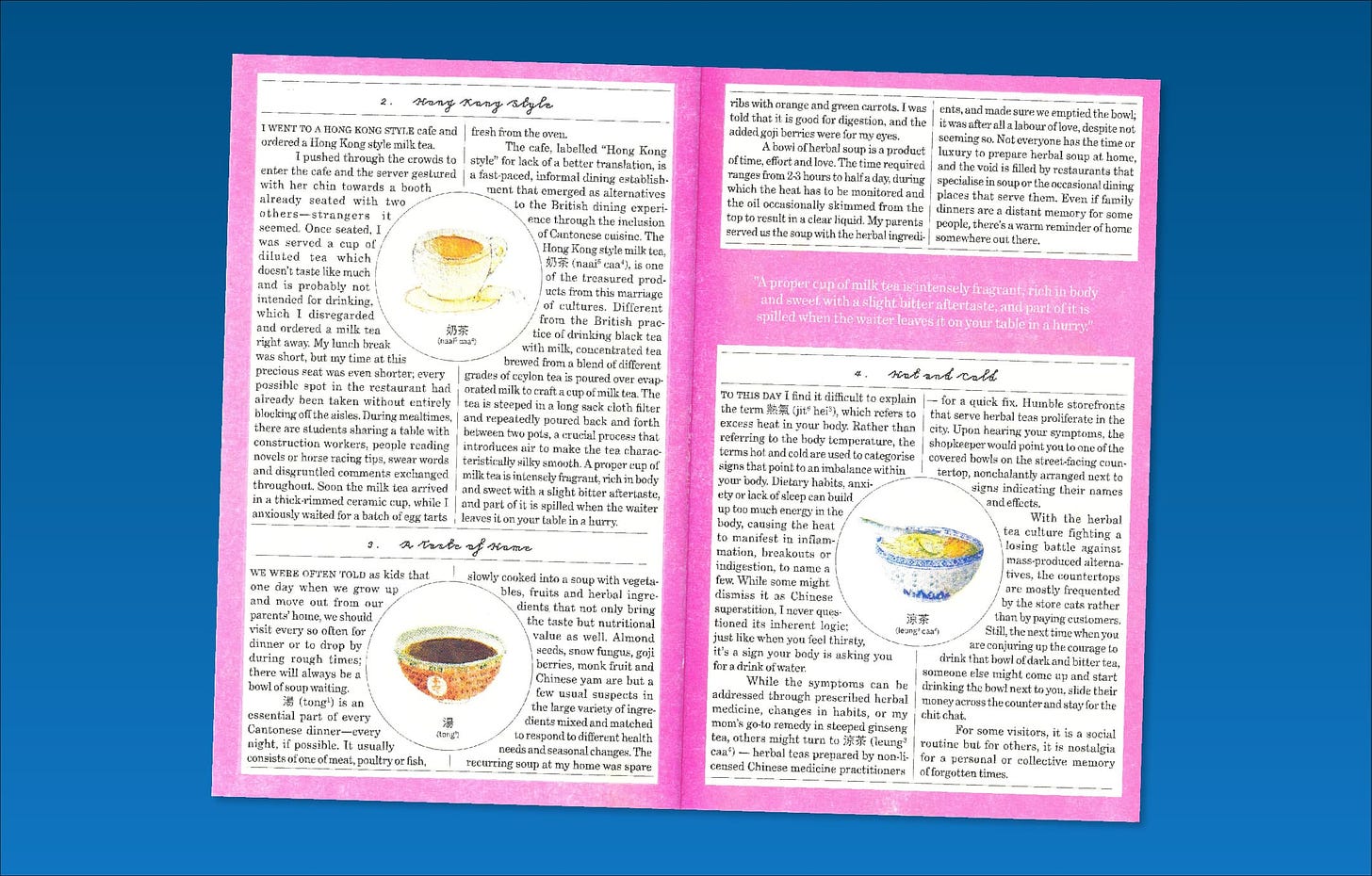 Spread from issue two of Chutney magazine featuring three blocks of text on a pink background and, set inside the text, illustrations of cups and bowls