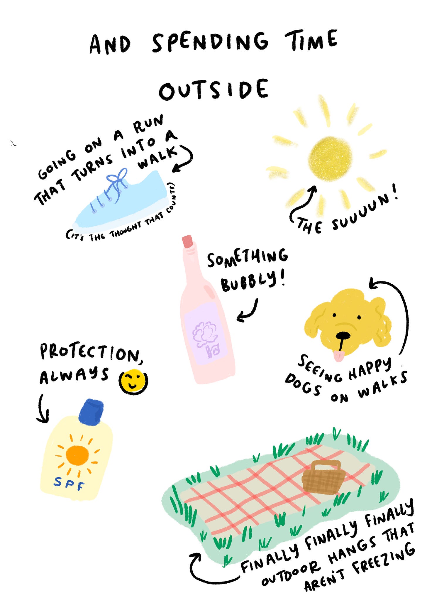 text reads: And spending time outside. Pictured below are a pair of running shoes, the sun, bubbly rose, a dog, sunscreen, and a picnic