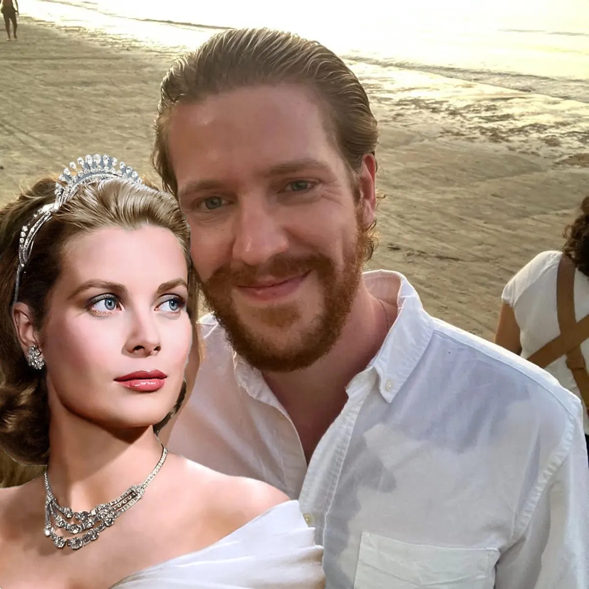 An image of Grace Kelly wearing a tiara superimposed into a picture of a white bearded man wearing a white shirt at the beach
