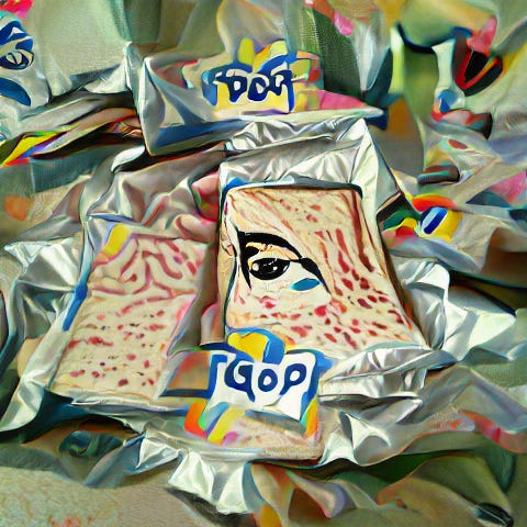 An AI generated image that looks sort of like a pop tart surrounded by shiny wrappers in a Pop Art painting style